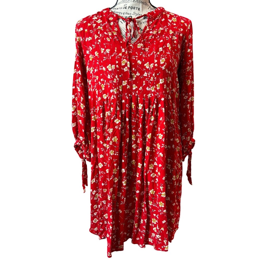 Suzanne‎ Betro Red Floral Tie Neck Long Sleeve Shift Dress U8604032 Small